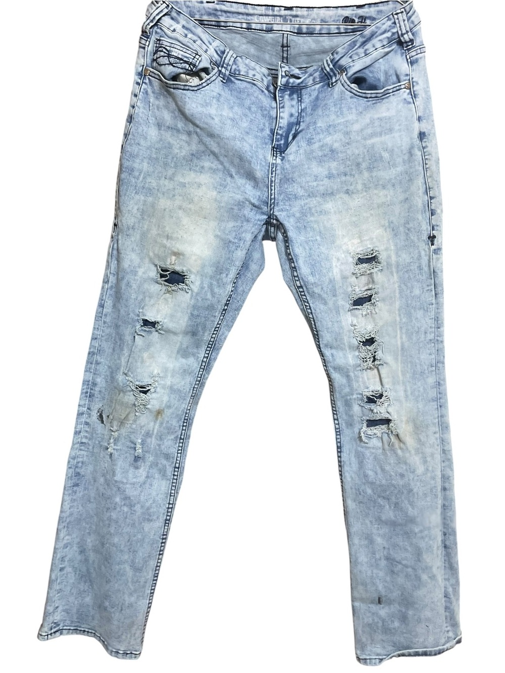 Cowgirl Tuff Light Blue Distressed Straight Leg Jeans